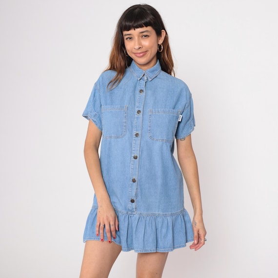 Vintage Denim Dress  Babydoll Dress 90s Light Blue Denim Button Up Short Sleeve Ruffle Jean Cotton Mini Dress Grunge Pocket Cute Small S 3