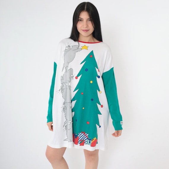 Vintage Christmas Cat Pajama Dress 80s Xmas Tree T Shirt Dress Cartoon Tshirt 1980s Nightie Mini White Holiday Ringer Tee Large