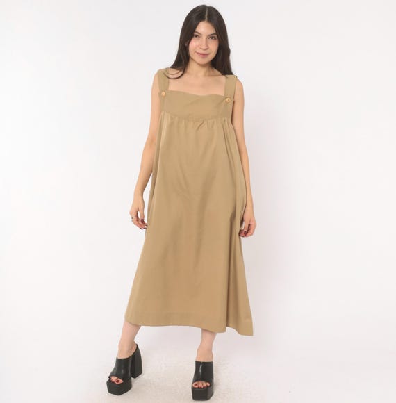80s Tan Jumper Dress Cotton Blend Square Neck Button Strap Midi Pinafore Sand Khaki Sundress Camel Shift Minimal Beige Safari Style Large L