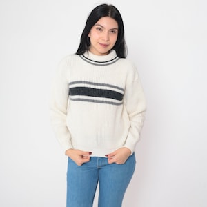 Striped Turtleneck Sweater 80s Off-White Black Grey Pullover Knit Sweater Retro Seventies Knitwear Acrylic Vintage 1980s White Stag Small image 3