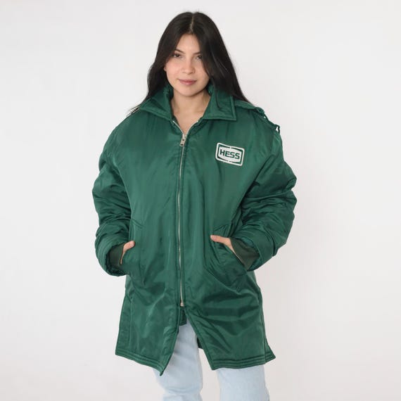 Vintage HESS Parka Jacket 80s Green Hooded Uniform Coat 1980s Gas Station Workwear Nylon Quilted Zip Up Winter Hoodie Coat Men's Medium M