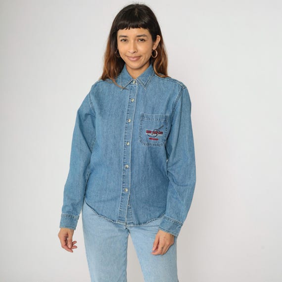 Vintage Hard Rock Cafe Jean Shirt Memphis Denim Shirt Long sleeve Button Up Blouse 00s Blue Embroidered Y2K Medium M