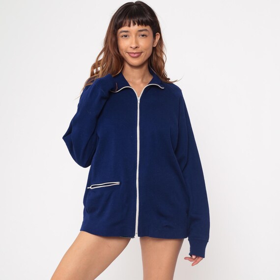 Track Jacket 80s Navy Blue Spartan Vintage Zip Up White Trim Sporty Acrylic Athletic Running Retro Warm Up Raglan Slouchy Gym Cover Medium