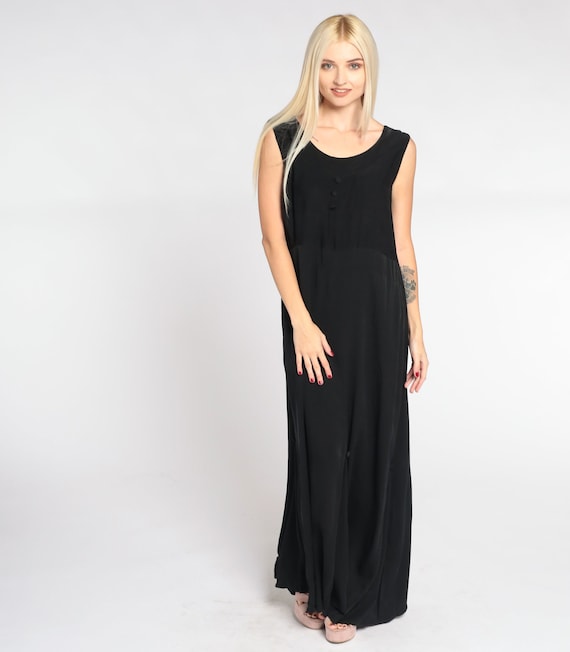 Long Black Dress 90s Maxi Dress Sleeveless Tank Dress Retro Simple Plain Basic Casual Grunge High Waist Full Length Vintage 1990s Small S