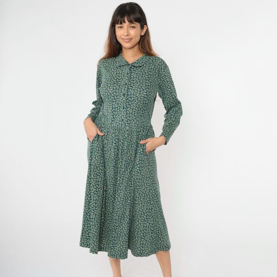Floral L.L. Bean Dress Green Button Up Shirt Dress Midi Dress Long Sleeve Low Waist Pocket Vintage Medium