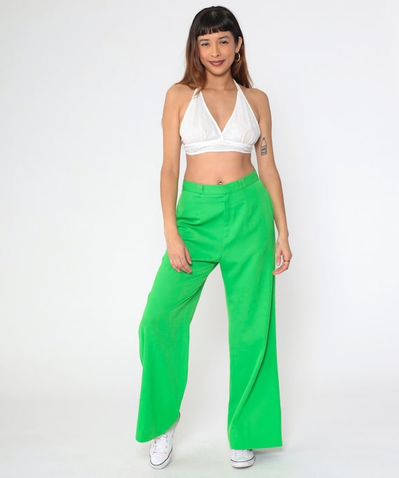 70s Bell Bottoms Bright Green Bellbottom Pants High Waisted Wide Flared Leg Bell Bottom Trousers Hippie Flares Boho Vintage 1970s Medium 30
