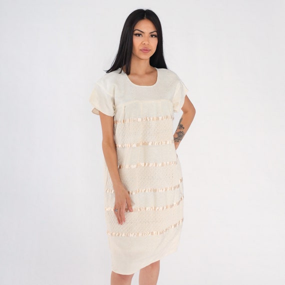 Cream Woven Dress 90s Cotton Midi Dress Mexican Knee Length Beach Tent Hippie Summer Festival Vacation Cap Sleeve Vintage 1990s Medium Large