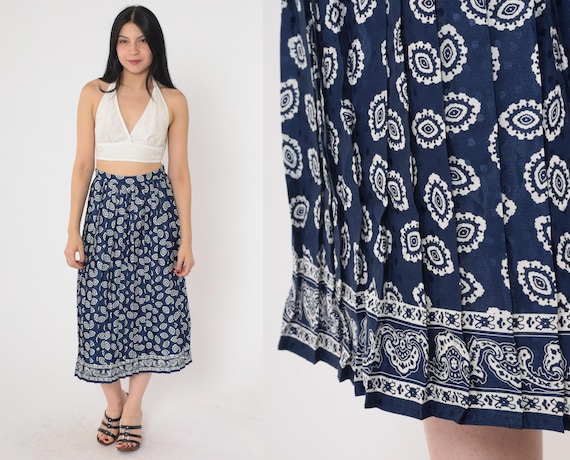 Geometric Midi Skirt 90s Blue Pleated Skirt Paisley-Esque Print Embossed Polka Dots High Waisted Summer Vintage 1990s Small S