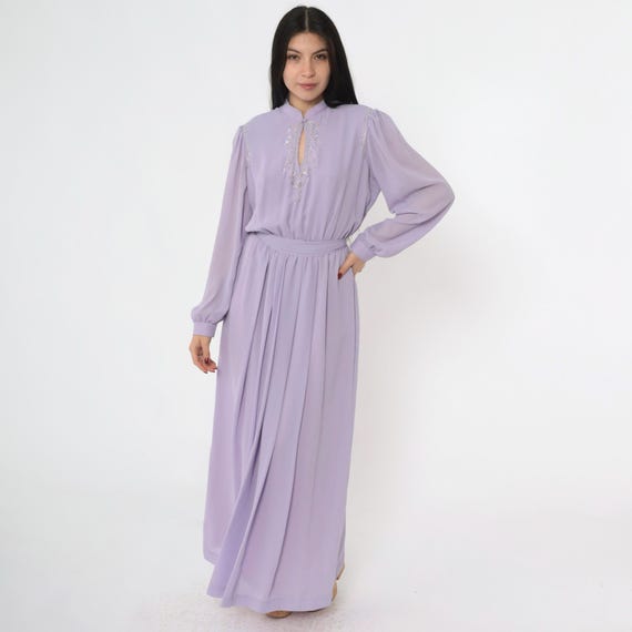 Vintage Lavender Chiffon Dress 80s Beaded Puff Sleeve Sequin Formal Party Pastel Maxi High Waist Keyhole Neck Retro 1980s Purple Medium M