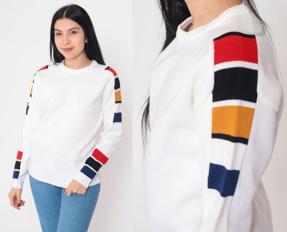 White Colorblock Sweater 80s Pullover Knit Sweater Red Black Yellow Blue Color Block Striped Crewneck Retro Acrylic Vintage 1980s Medium M