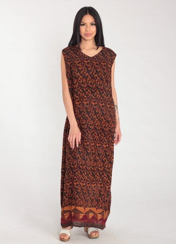 Boho Maxi Dress 90s Sundress Hippie Sleeveless Shift Side Slit Orange Black Abstract Animal Print Vintage 1990s Karin Stevens Large 14