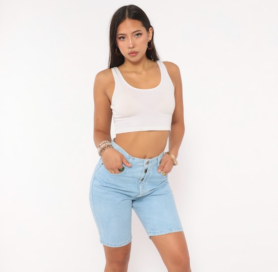 90s Bonjour Denim Bermuda Shorts Light Wash Button Fly High Waisted Jean Bike Length Blue Faded Summer Casual Vintage Womens 26