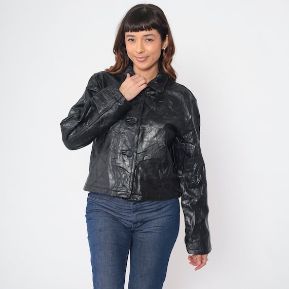 Black Patchwork Leather Jacket 00s Moto Jacket Retro Italian Rocker Coat Motorcycle Jacket Vintage 2000s Medium Large