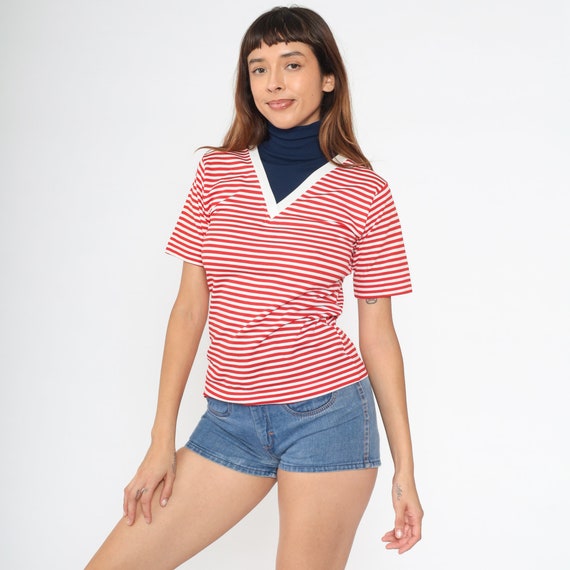 Striped Turtleneck Shirt 70s Mod Top Red White Navy Blue 2fer Top Chevron Twofer Short Sleeve 1970s Retro Turtle Neck Blouse Vintage Small s
