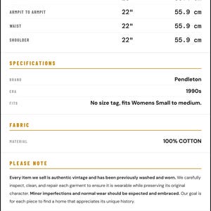 May include: A vintage Pendleton garment from the 1990s made of 100% cotton. The item has a length of 23 inches, an armpit to armpit measurement of 22 inches, a waist of 22 inches, and a shoulder width of 22 inches. It shows light general wear.