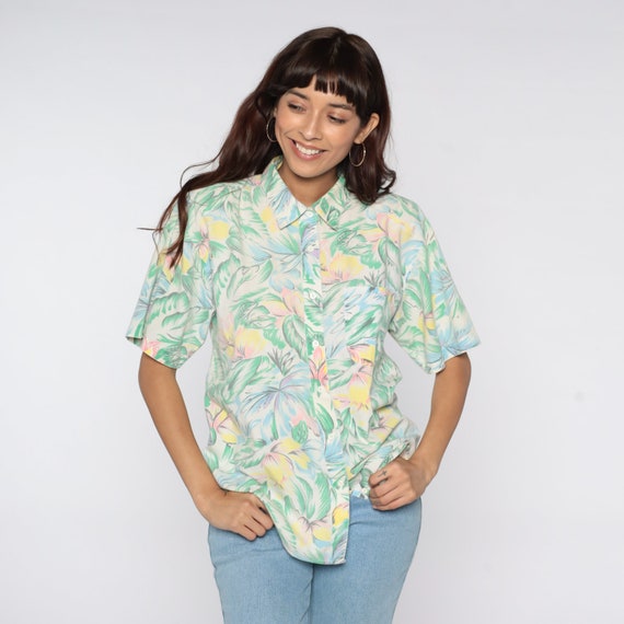 Tropical Floral Shirt Green Hawaiian Blouse Button Up 80s Vintage Surfer Vacation Short Sleeve Top 1980s Pink Medium