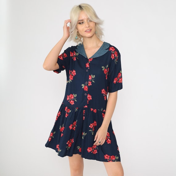 90s Floral Romper Dress Navy Blue Playsuit Retro Button Up Wide Leg Drop Waist Short Sleeve Summer Casual Vintage 1990s Rayon Blend Large