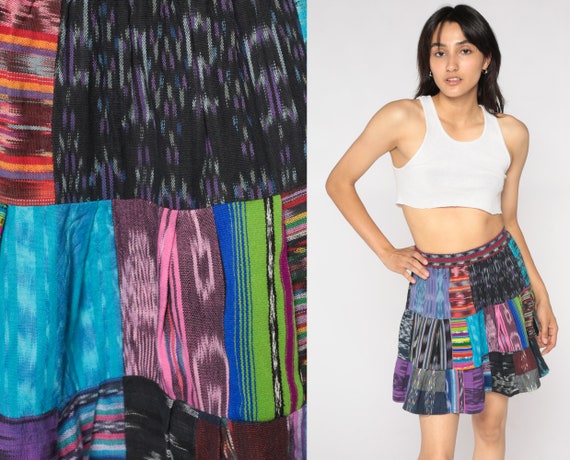 Boho Skirt Y2k Patchwork Mini Skirt High Waisted Tiered Flowy Summer Skirt Retro Bohemian Hippie Festival Vintage 00s Cotton Extra Small xs