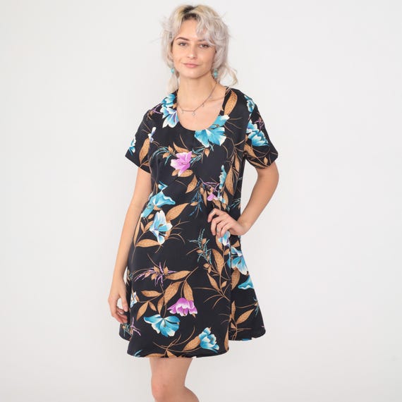 Vintage 70s Tropical Babydoll Dress Black Floral Print Mod Mini Empire Waist 1970s Short Sleeve Purple Blue Scoop Neck Large 12