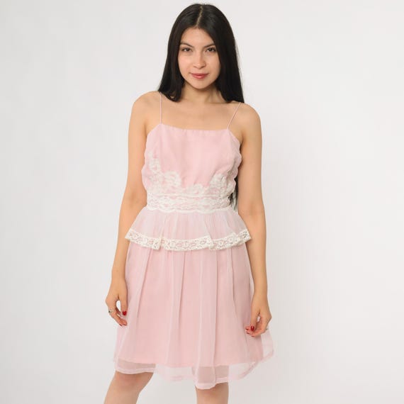 70s Pink Babydoll Dress Miss Elliette California Lace Trim Peplum Waist Strap Mini Party Slip Style Romantic Pastel Short Length Size 8