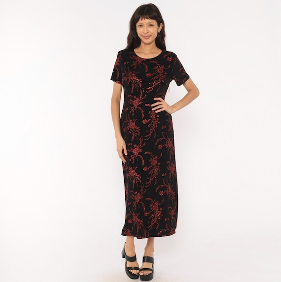 90s Glitter Floral Maxi Dress Black Red Sparkle Print Short Sleeve Scoop Neck Ankle Length Column Straight Fit Vine Scroll Medium Large
