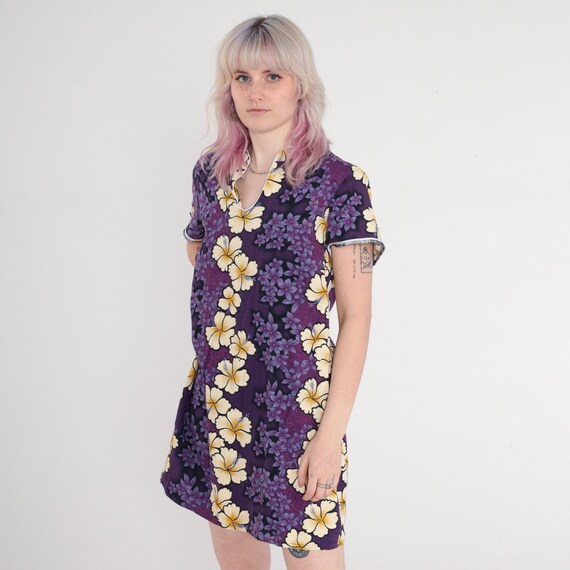 Tropical Floral Dress Y2k Purple Hawaiian Mini Dress Hibiscus Flower Print Short Sleeve Shift Aloha Dress Vintage Summer 00s Large L