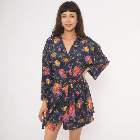 Navy Floral Robe 90s Kimono Style Wrap Tie Front Rose Short Duster Pink Purple Gold Jacquard Loungewear Housecoat Satin Medium Large M L