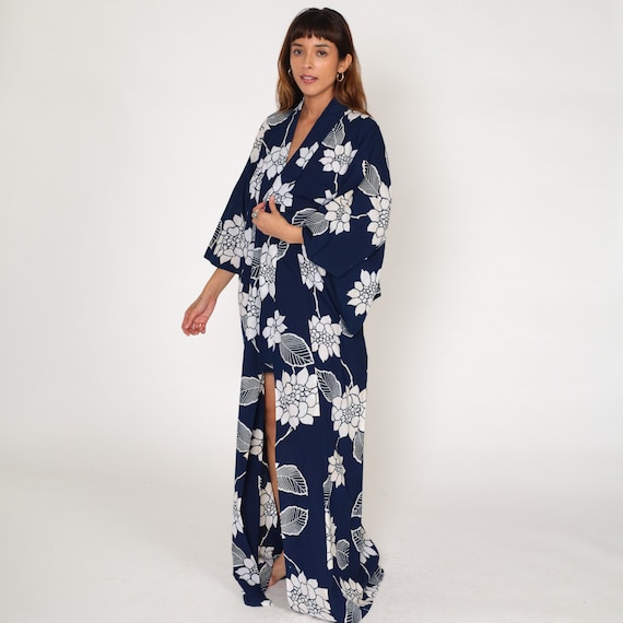 Navy Floral Kimono 80s Long Robe Open Front Maxi Jacket Japanese Full Length House Coat Flower Print Blue Vintage 1980s Medium Large xl