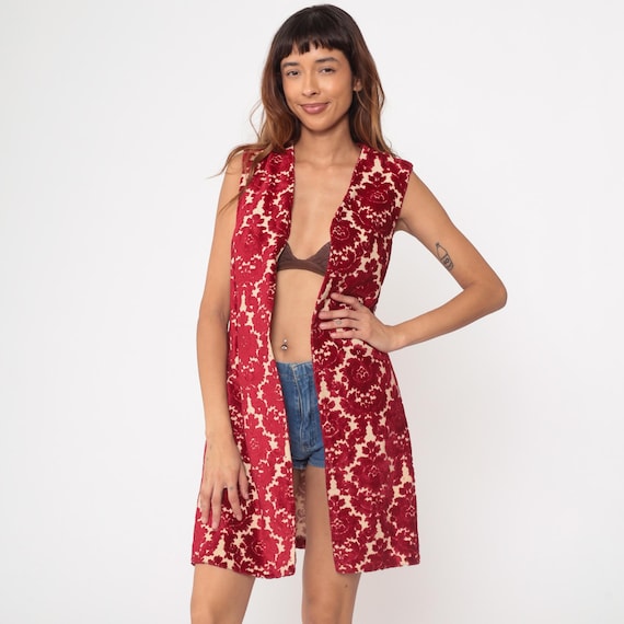 Red Velvet Floral Vest Vintage 60s Long Sleeveless Coat Rose Pattern Crimson Chenille Texture Open Front Burgundy Tapestry Small Medium S M