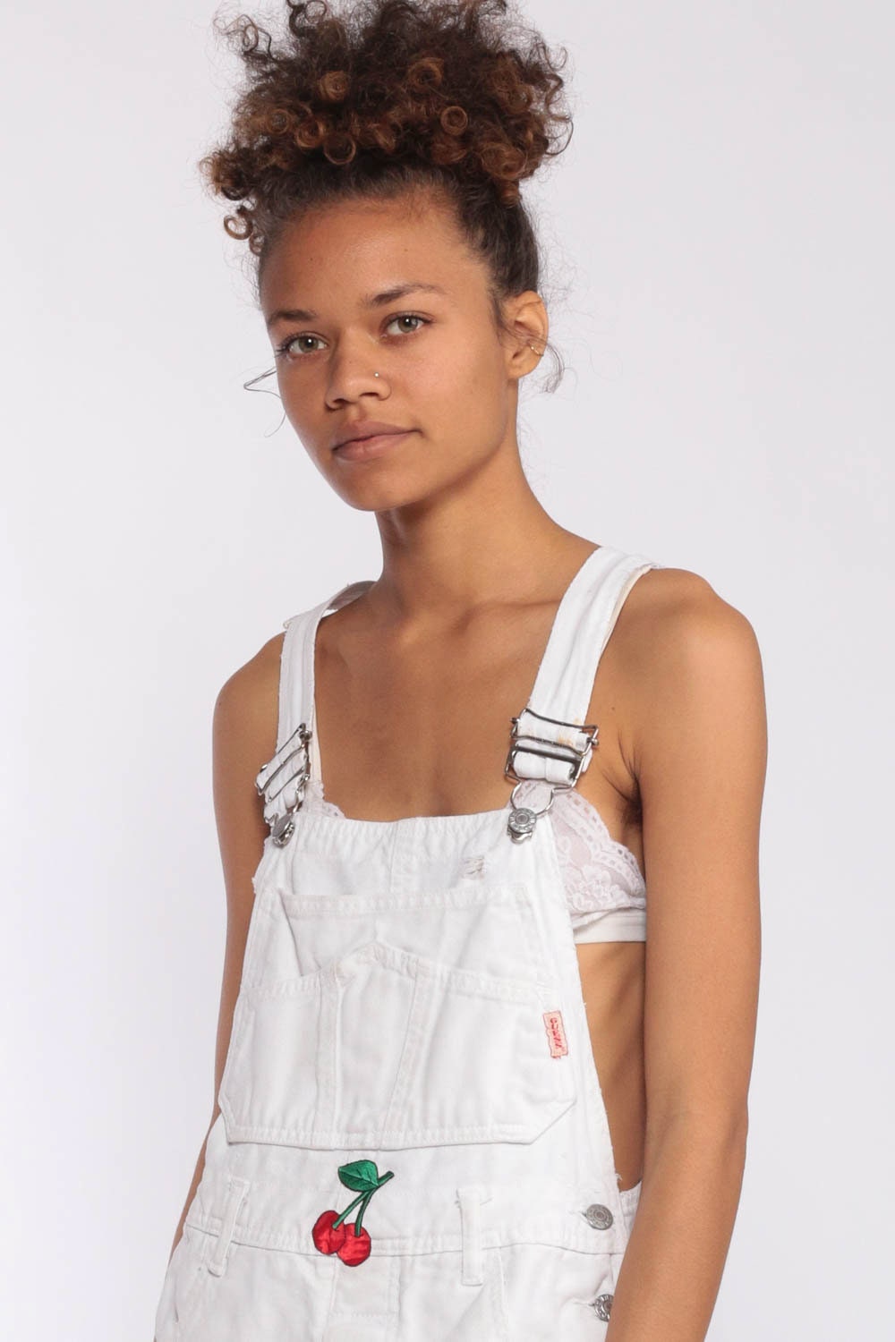 Guess Overalls 90s Denim Shortalls CHERRY PATCH Women Bib Jean White