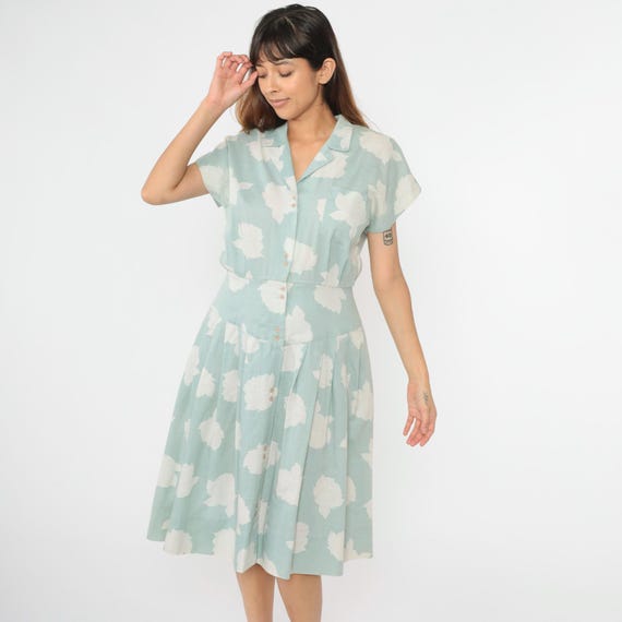 80s Seafoam Floral Midi Dress Button Up Day Dress Vintage Short Sleeve Retro Structured Waist Pleated Blue Green 1980s Small Medium