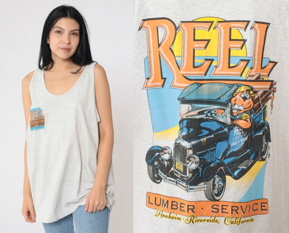 90s Graphic Tank Top Reel Lumber Service Vintage Antique Car Cartoon Beaver Sleeveless Grey Retro 1990s Anaheim California Extra Large xl