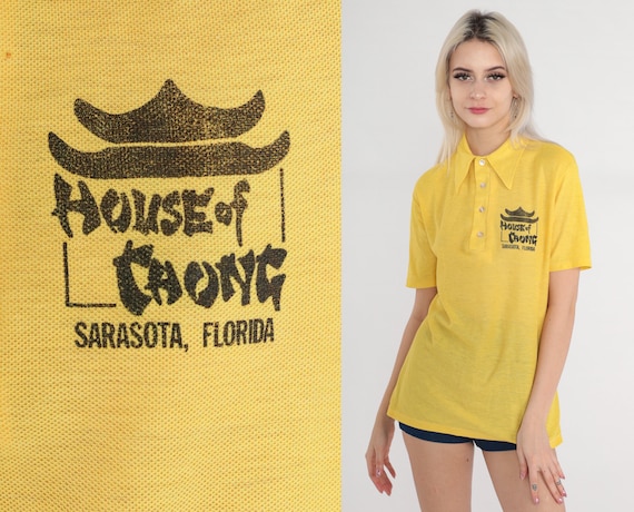 House of Chong Shirt 70s Yellow Polo Shirt Retro Uniform Dagger Collar Button Up Short Sleeve Top Chinese Restaurant Vintage 1970s Medium M