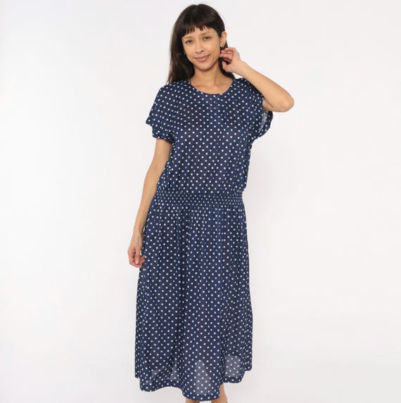 Navy Polka Dot Dress 80s Darian White Spotted Midi Elastic Waist Short Sleeve Blue Summer Casual Cottage Core Prairie Vintage Extra Large XL