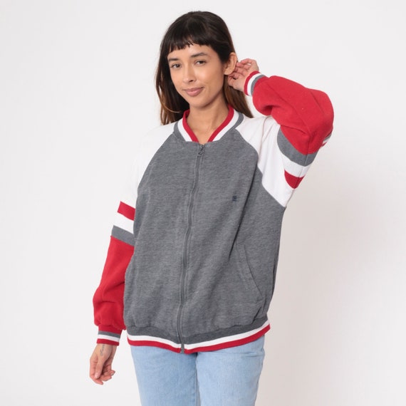 Grey Zip Up Sweatshirt 90s Pierre Cardin Striped Track Jacket Retro 1990s Red White Color Block Warm Up Jacket Vintage Large L