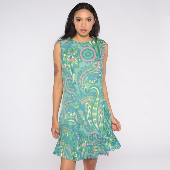 60s Psychedelic Dress Mod Paisley Print Mini Dress Boho 70s Hippie Pleated Bohemian Shift Vintage 1960s Gogo Sleeveless Medium Large
