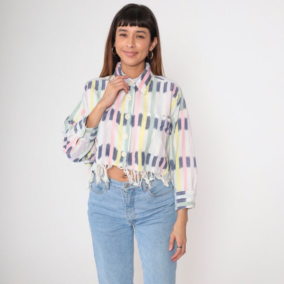 90s Ikat Striped Blouse Button up Shirt White Pastel Fringe Vertical Stripes Top Long Sleeve Cotton Cropped Vintage 1990s Oversized Small