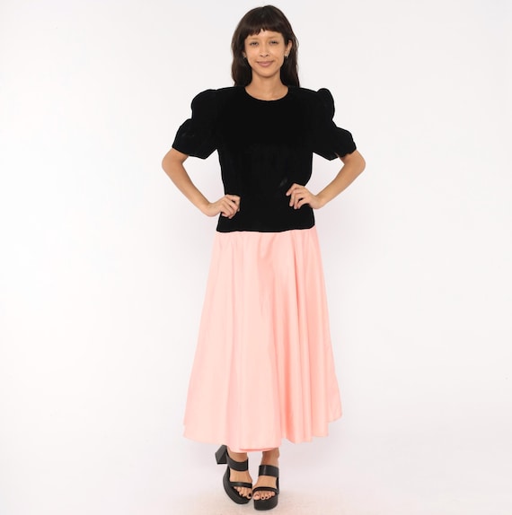 80s Velvet Bow Dress Black Puff Sleeve Bodice Pink Satin Skirt Back Bow Detail Drop Waist Maxi Gown  Formal Party Evening Vintage Large L