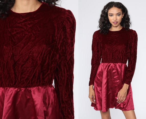 Velvet Mini Dress 70s Party Dress 1970s Boho Red Cocktail Prom Vintage Long Puff Sleeve Lolita Bohemian Dolly Medium 8