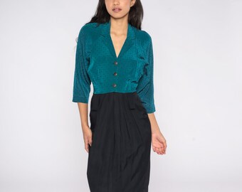 Color Block Mini Dress 80s Teal Black Sheath Button Up Dress Wiggle Pencil Dress Vintage 1980s Secretary 3/4 Sleeve Dress Small S