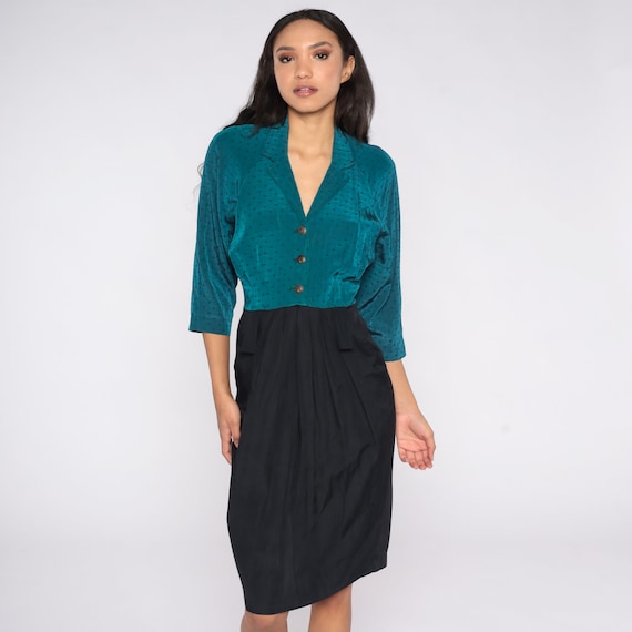 Color Block Mini Dress 80s Teal Black Sheath Button Up Dress Wiggle Pencil Dress Vintage 1980s Secretary 3/4 Sleeve Dress Small S