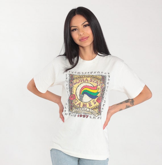 Aloha State Games Shirt 1997 Hawaiian Olympics T-Shirt Hawaii Sports Graphic Tee Retro 90s Tourist Single Stitch White Vintage 1990s Medium