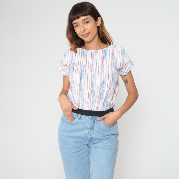 80s Striped Crop Top Cotton Short Sleeve Blue Pink Purple Black White Elastic Waist Boxy Vintage Blouse Multicolor Normcore Medium M