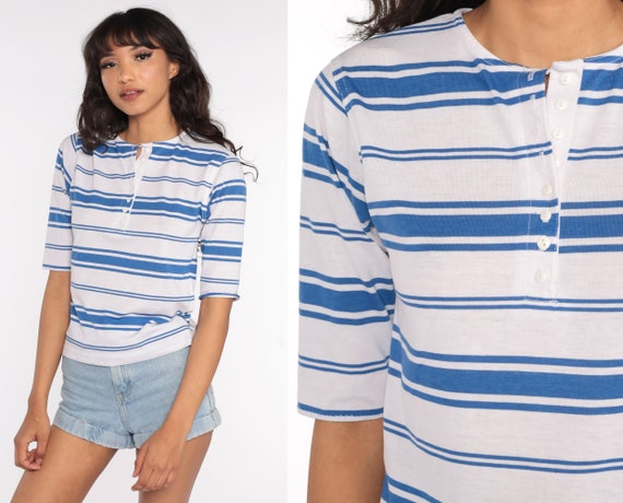 80s Striped Shirt -- White Blue Slouchy Shirt Henley Button Up Retro Tee Vintage Slouch Short Sleeve Small S