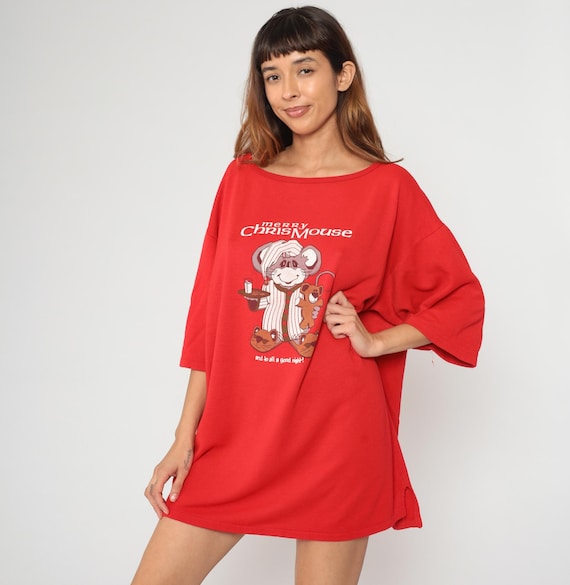 90s Christmas Nightgown Red Mouse Holiday Sleep Shirt Mini Dress Cotton Vintage ChrisMouse Sleepwear Pajama Top Tunic Cute Kawaii Medium M