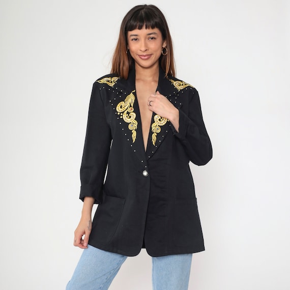 Black Rhinestone Blazer Jacket 90s Gold Embroidered Blazer Jacket Studded Plunging Deep V Neck Structured Vintage 1990s Oversized Medium