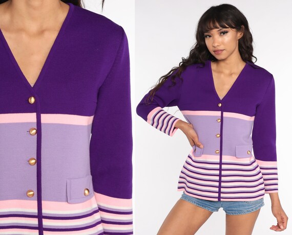Purple Striped Cardigan Sweater 60s 70s 