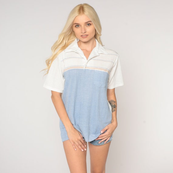 Color Block Polo Shirt 80s Striped Shirt Baby Blue White Half Button Up Shirt Collared 1980s Nerd Geek Vintage Short Sleeve Medium Large