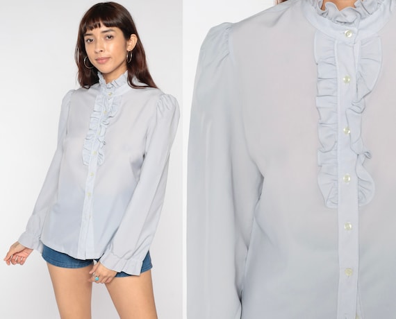 Grey Ruffle Blouse 80s TUXEDO Button Up SHEER Top 1980s Victorian Blouse Vintage Puff Sleeve Secretary Shirt 1980s Medium
