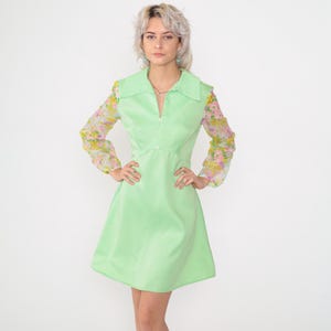 70s Babydoll Mini Dress Vintage Mint Green Sheer Floral Sleeve Mod Mini V Neck Boho High Waist Bohemian 1970s Collared Long sleeve Small S